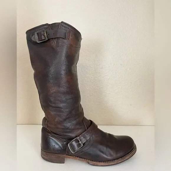 Frye Vintage Veronica tall buckle Slouchy Moto Boots in chocolate brown. 11